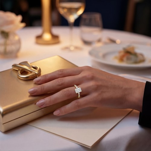 Luminaire - Radiant Cut Moissanite Ring With Marquise Side Stones and Hidden Halo