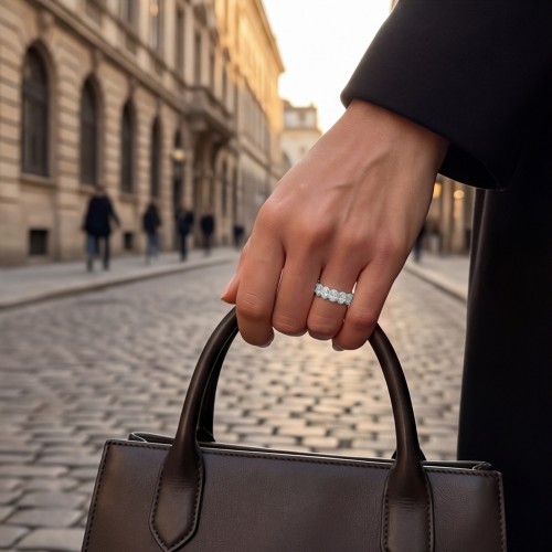 Opaline - Oval Cut Moissanite Eternity Ring With Scalloped Pavé Halo - lifestyle