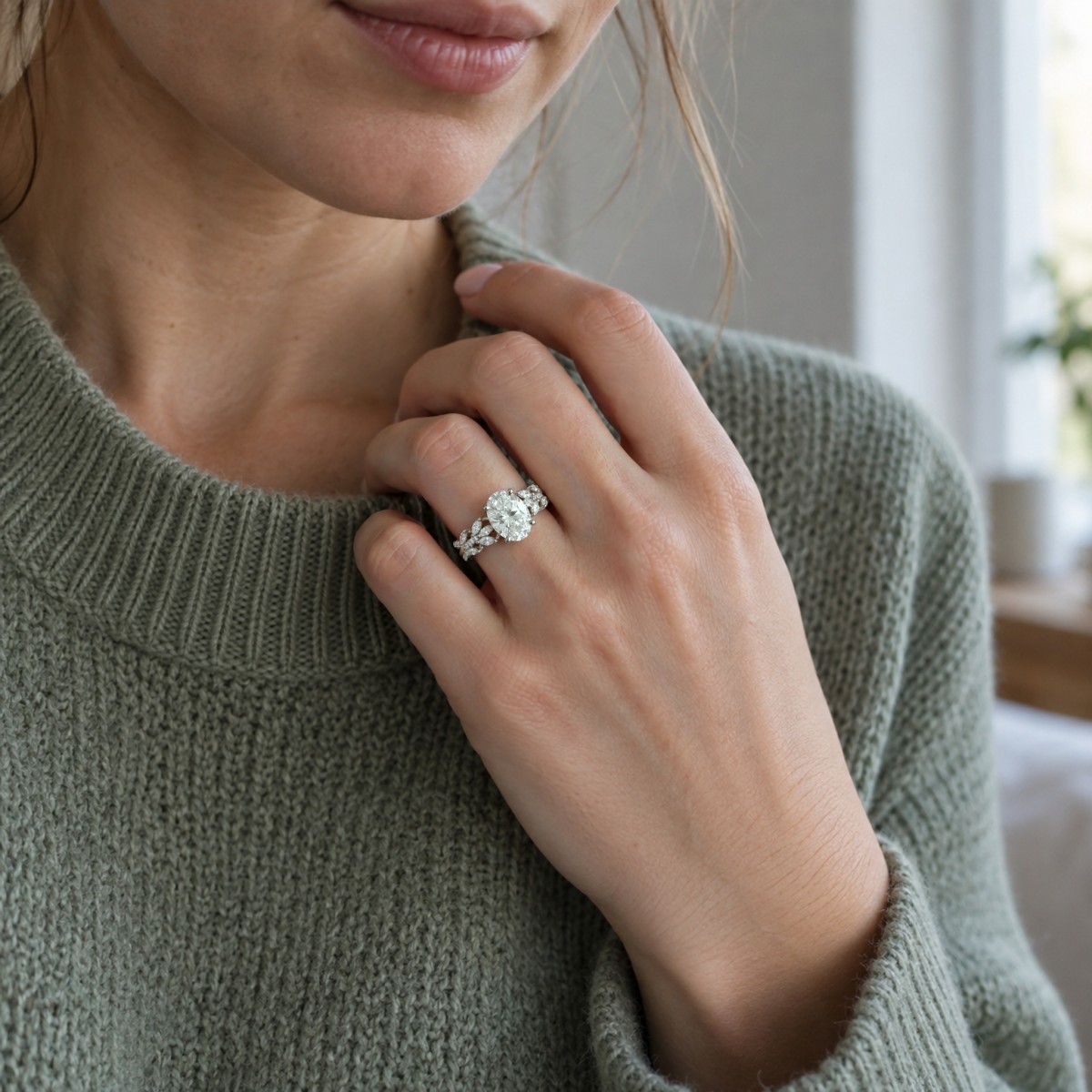Wisteria - Oval Moissanite Ring with Twisted Vine Band