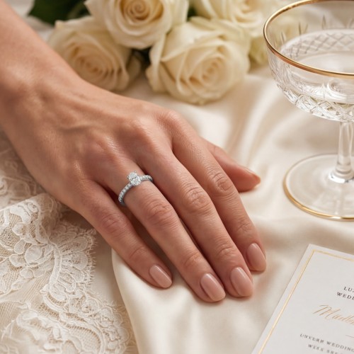 Nina - Oval Moissanite Ring with Pavé Side Stones - lifestyle