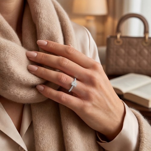 Astra - Radiant Moissanite Ring with Pavé Side Stones & Hidden Halo - lifestyle