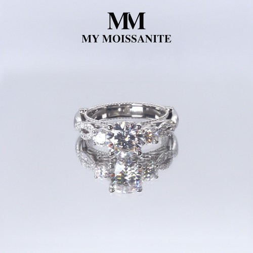 Circe - Vintage Inspired Moissanite Engagement Ring with Side Stones and Filigree Detailing