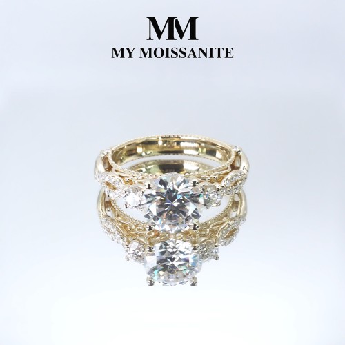 Circe - Vintage Inspired Moissanite Engagement Ring with Side Stones and Filigree Detailing