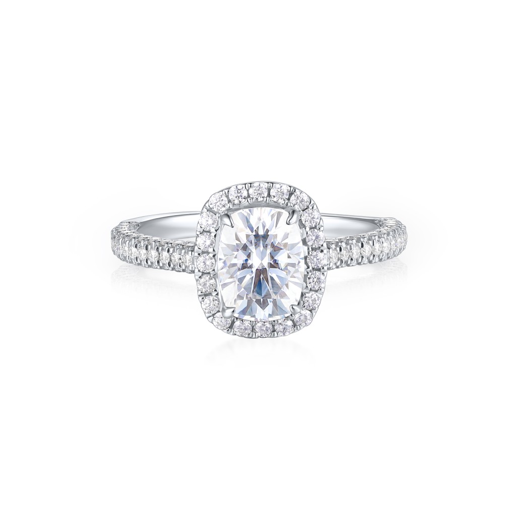 Plushette - Elongated Cushion Cut Moissanite Engagement Ring With Halo and Micropavé Shank
