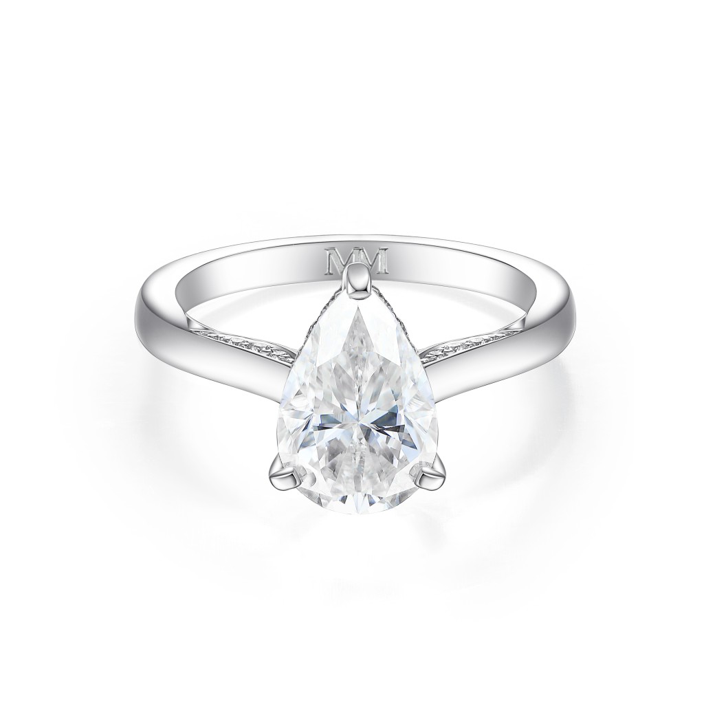 Poirine - Pear Cut Moissanite Ring with Hidden Halo and Pavé Accent Stones