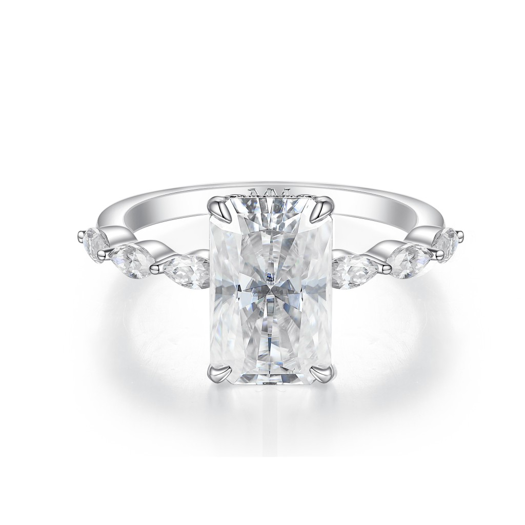 Luminaire - Radiant Cut Moissanite Ring With Marquise Side Stones and Hidden Halo