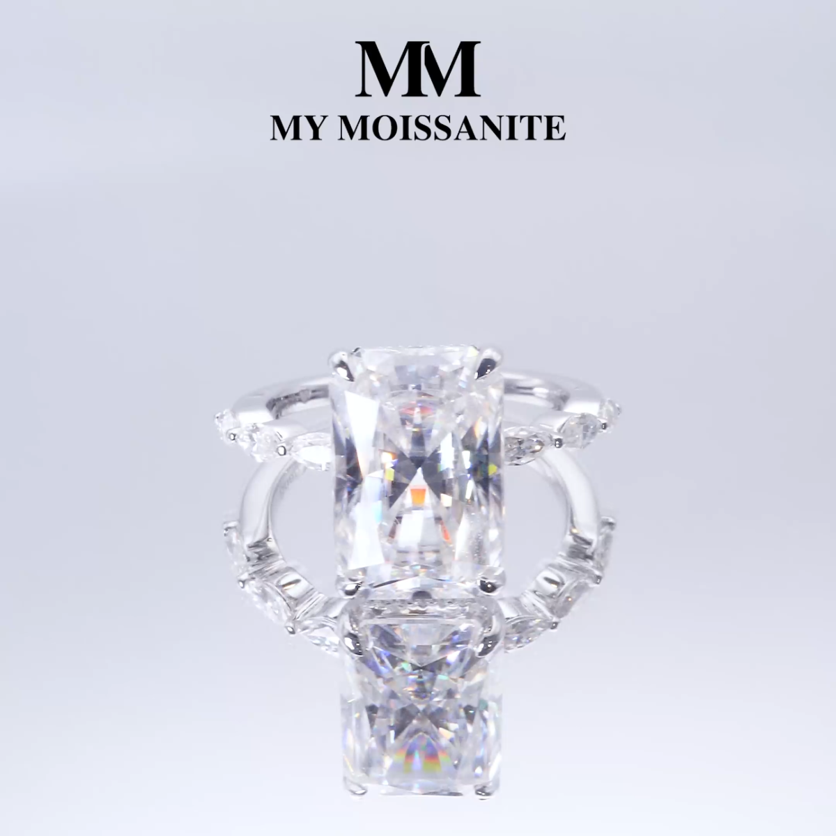 Luminaire - Radiant Cut Moissanite Ring With Marquise Side Stones and Hidden Halo