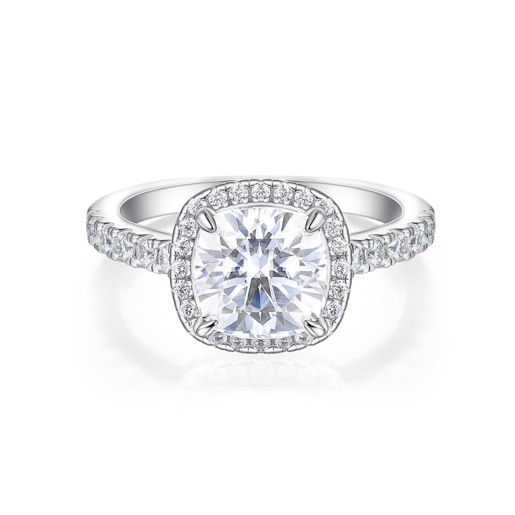 Candesce - Cushion Cut Moissanite Halo Engagement Ring With Accented Band