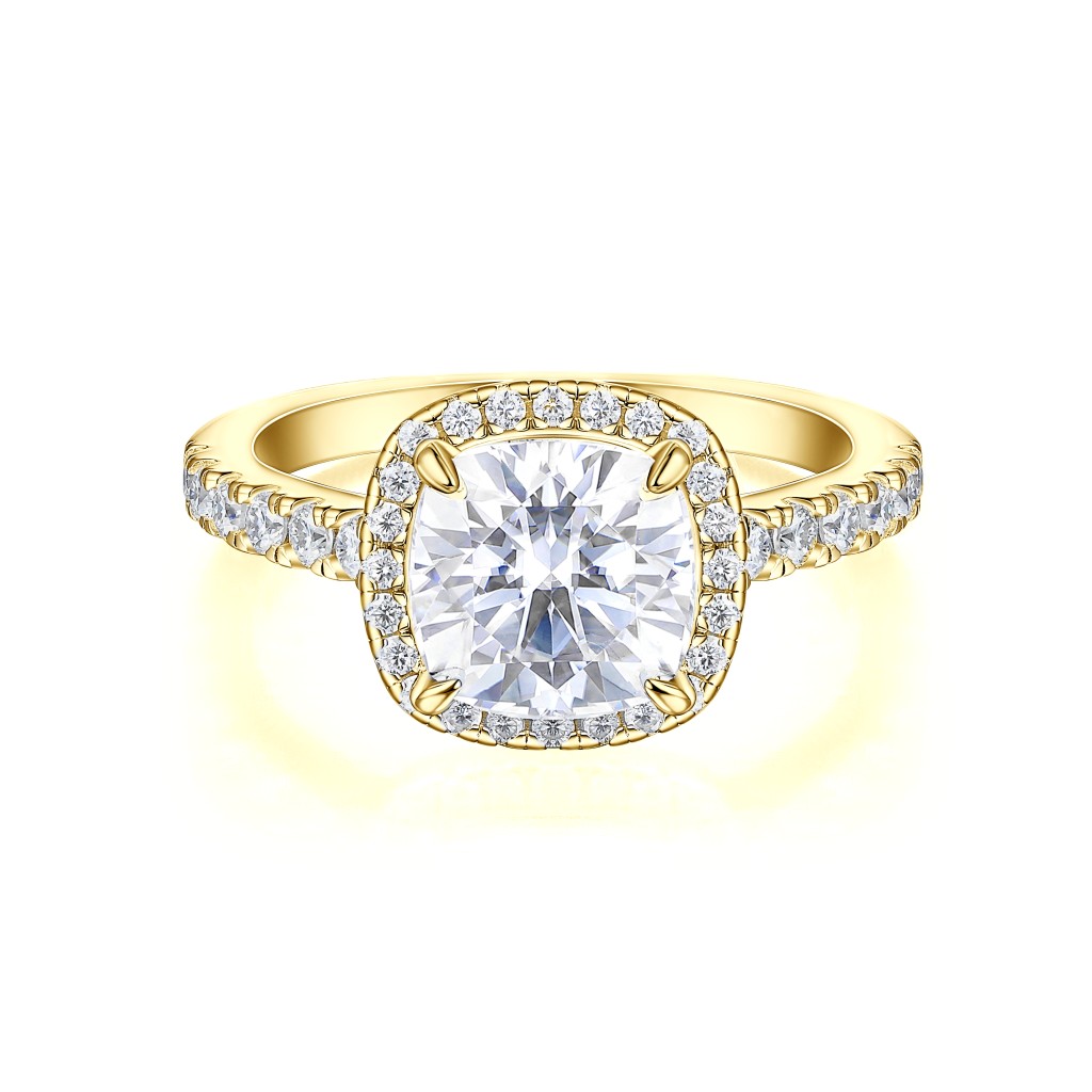 Candesce - Cushion Cut Moissanite Halo Engagement Ring With Accented Band
