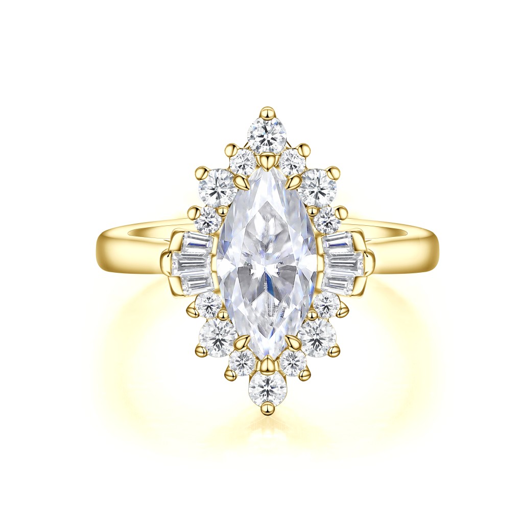 Crownique - Marquise Cut Moissanite Engagement Ring with Halo and Baguette Accents
