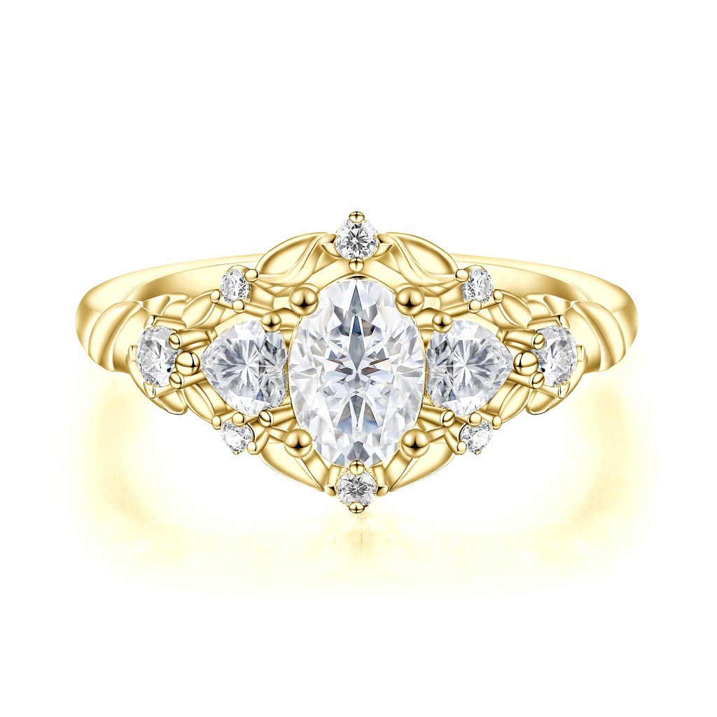 Gardenia - Oval Moissanite Engagement Ring with Heart and Round Accents