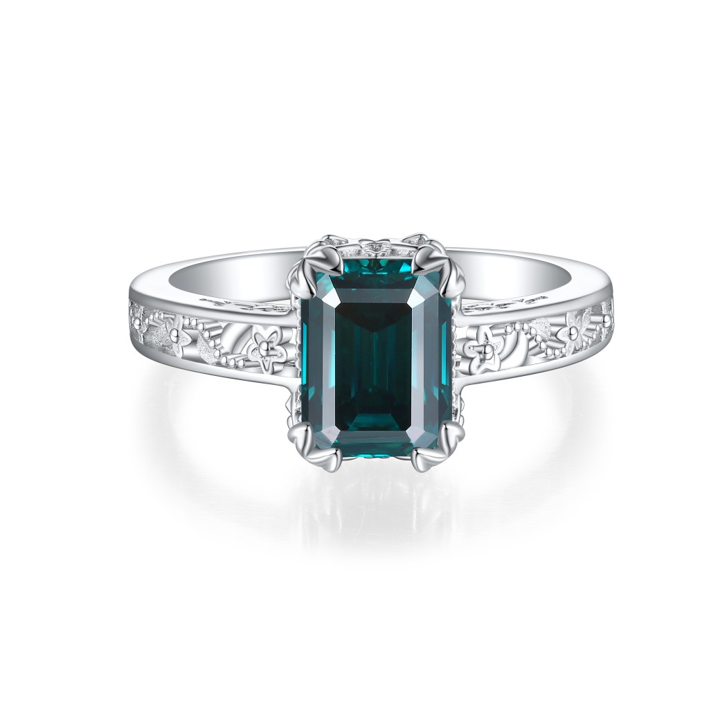 Verdisia - Vintage Floral Emerald Cut Green Moissanite Engagement Ring