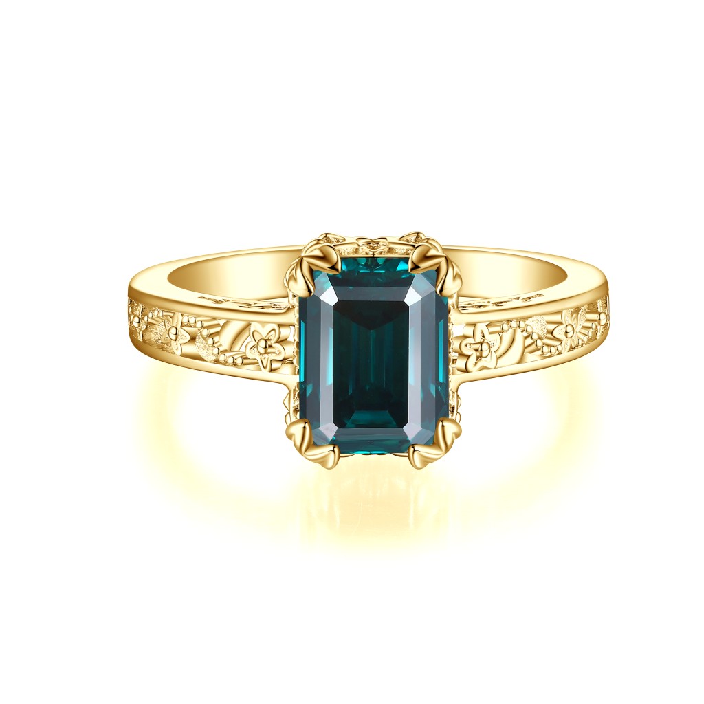 Verdisia - Vintage Floral Emerald Cut Green Moissanite Engagement Ring