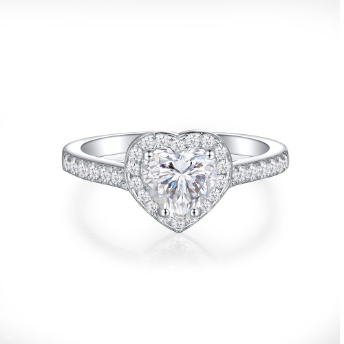 Amoria - Heart Cut Moissanite Engagement Ring with Halo and Pavé Set Side Stones