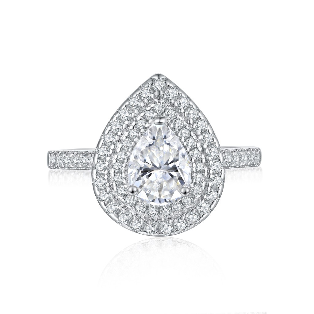Athena - Pear Cut Moissanite Engagement Ring with Double Halo and Pavé Shank