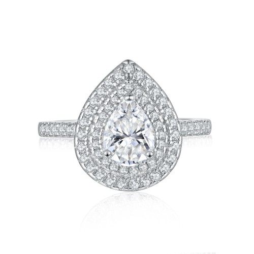 Athena - Pear Cut Moissanite Engagement Ring with Double Halo and Pavé Shank