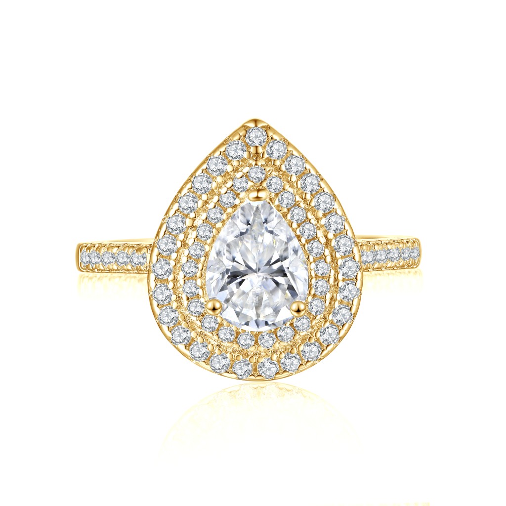 Athena - Pear Cut Moissanite Engagement Ring with Double Halo and Pavé Shank