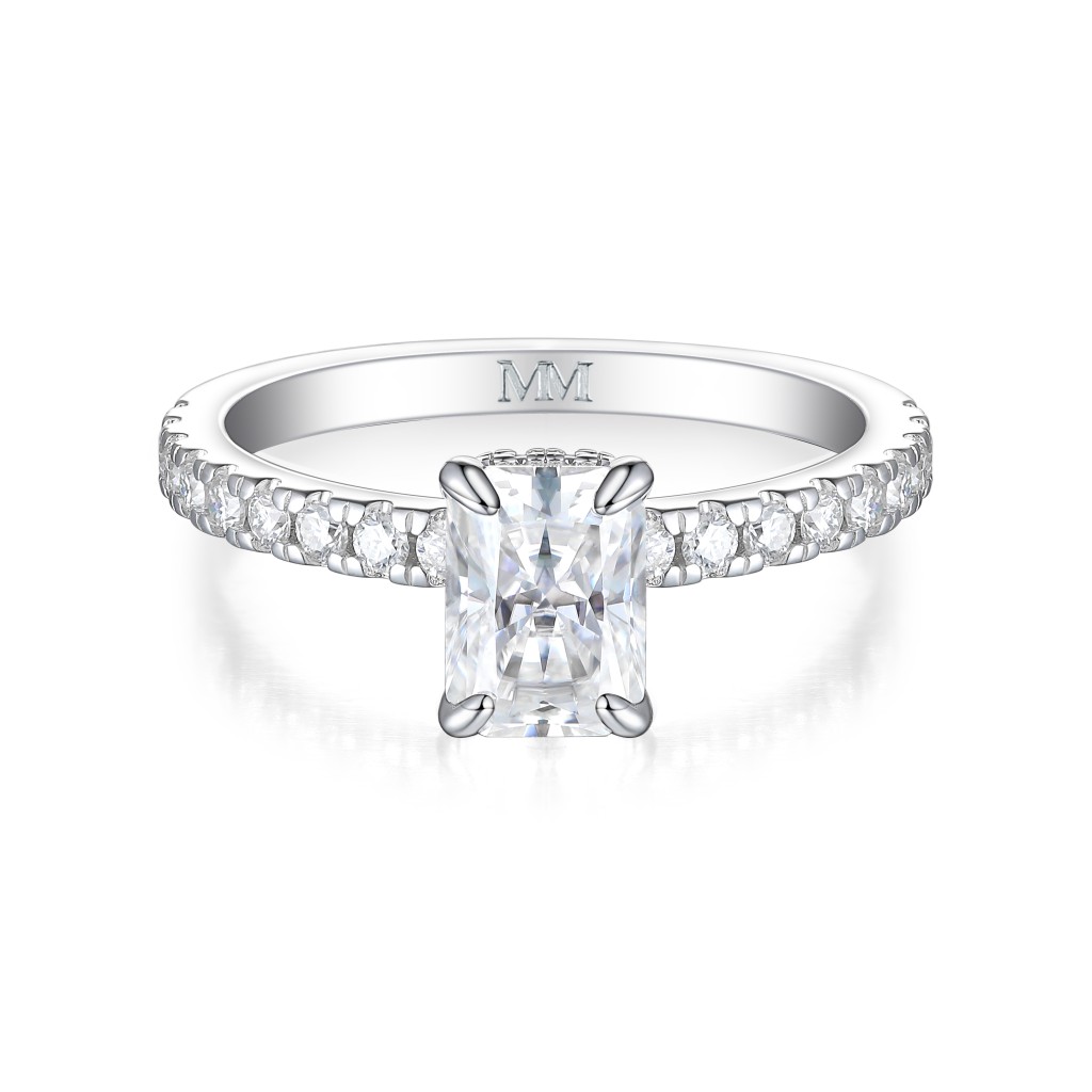 Astra - Radiant Moissanite Ring with Pavé Side Stones & Hidden Halo