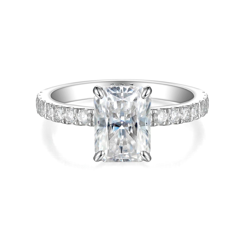 Astra - Radiant Moissanite Ring with Pavé Side Stones & Hidden Halo