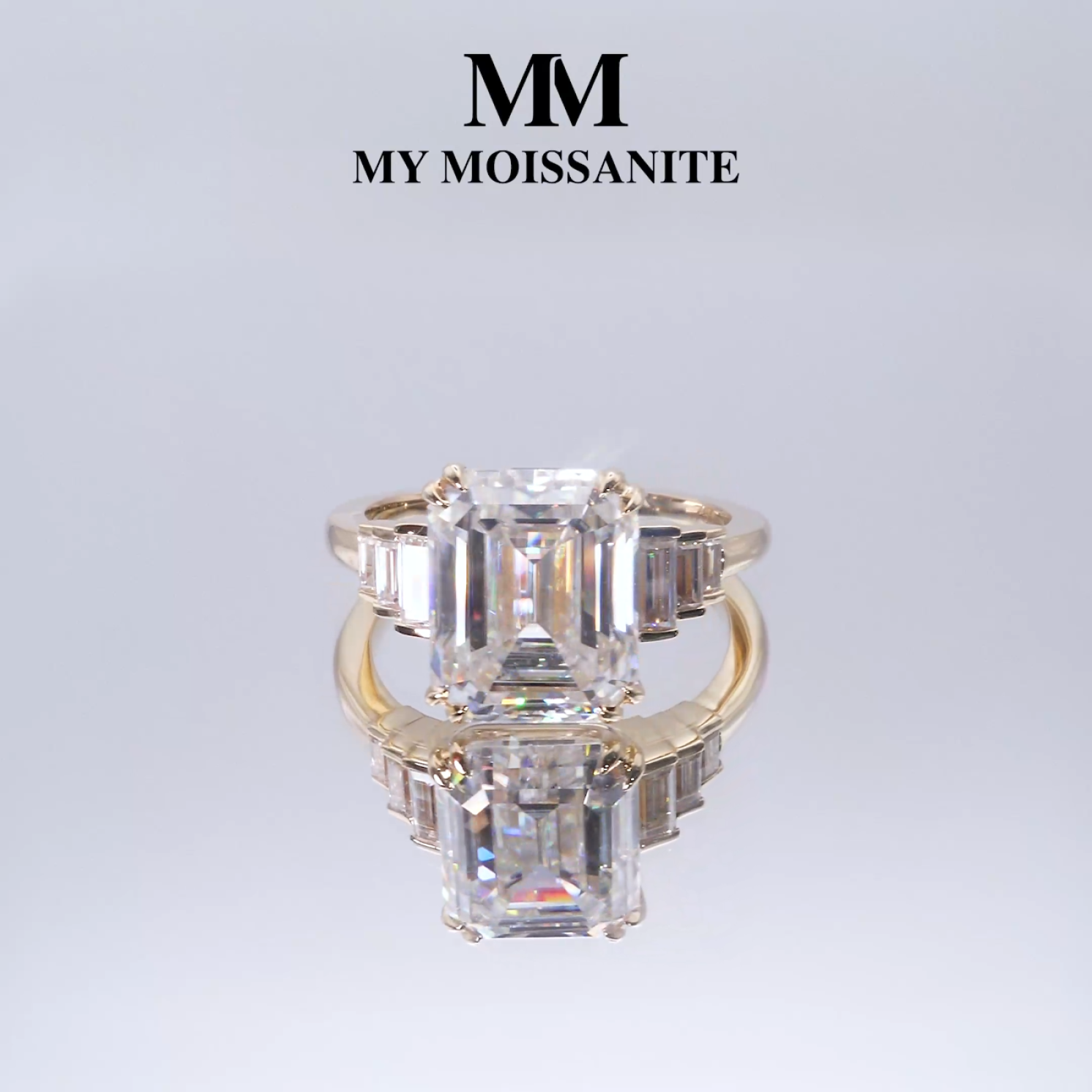 Rectanglo - Emerald Cut Moissanite Ring with Baguette Accents