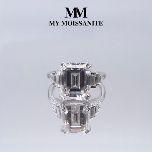 Rectanglo - Emerald Cut Moissanite Ring with Baguette Accents