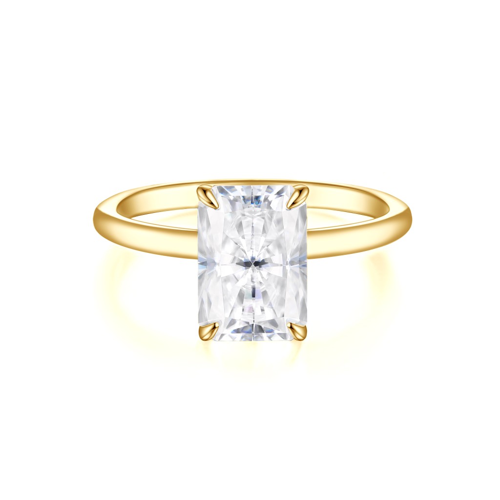 Mirabelle - Elongated Radiant Cut Moissanite Solitaire Ring with Basket Setting and Hidden Halo