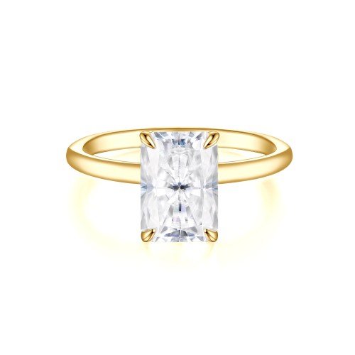 Mirabelle - Elongated Radiant Cut Moissanite Solitaire Ring with Basket Setting and Hidden Halo