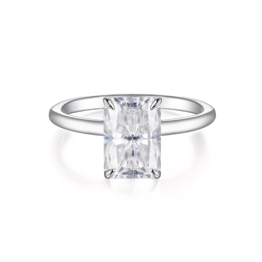 Mirabelle - Radiant Cut Moissanite Solitaire Ring with Basket Setting and Hidden Halo