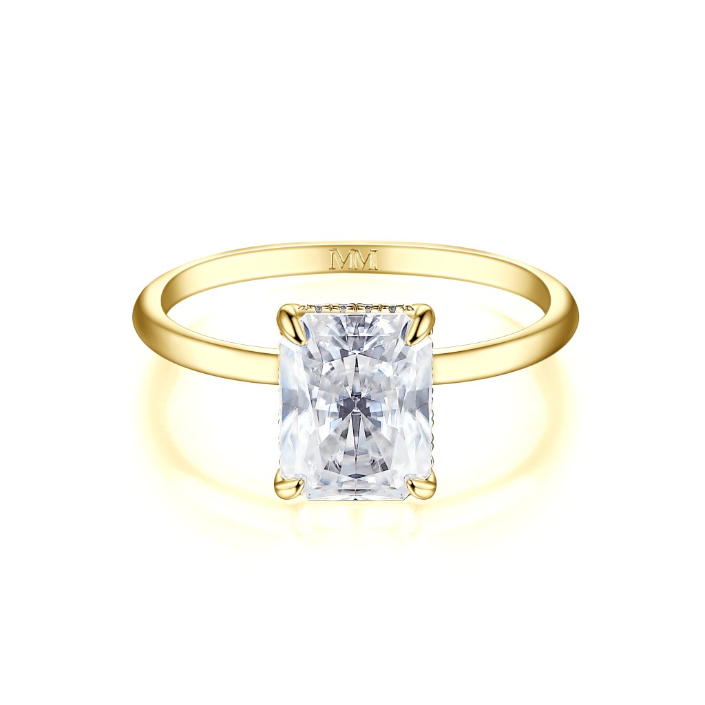 Mirabelle - Radiant Cut Moissanite Solitaire Ring with Basket Setting and Hidden Halo