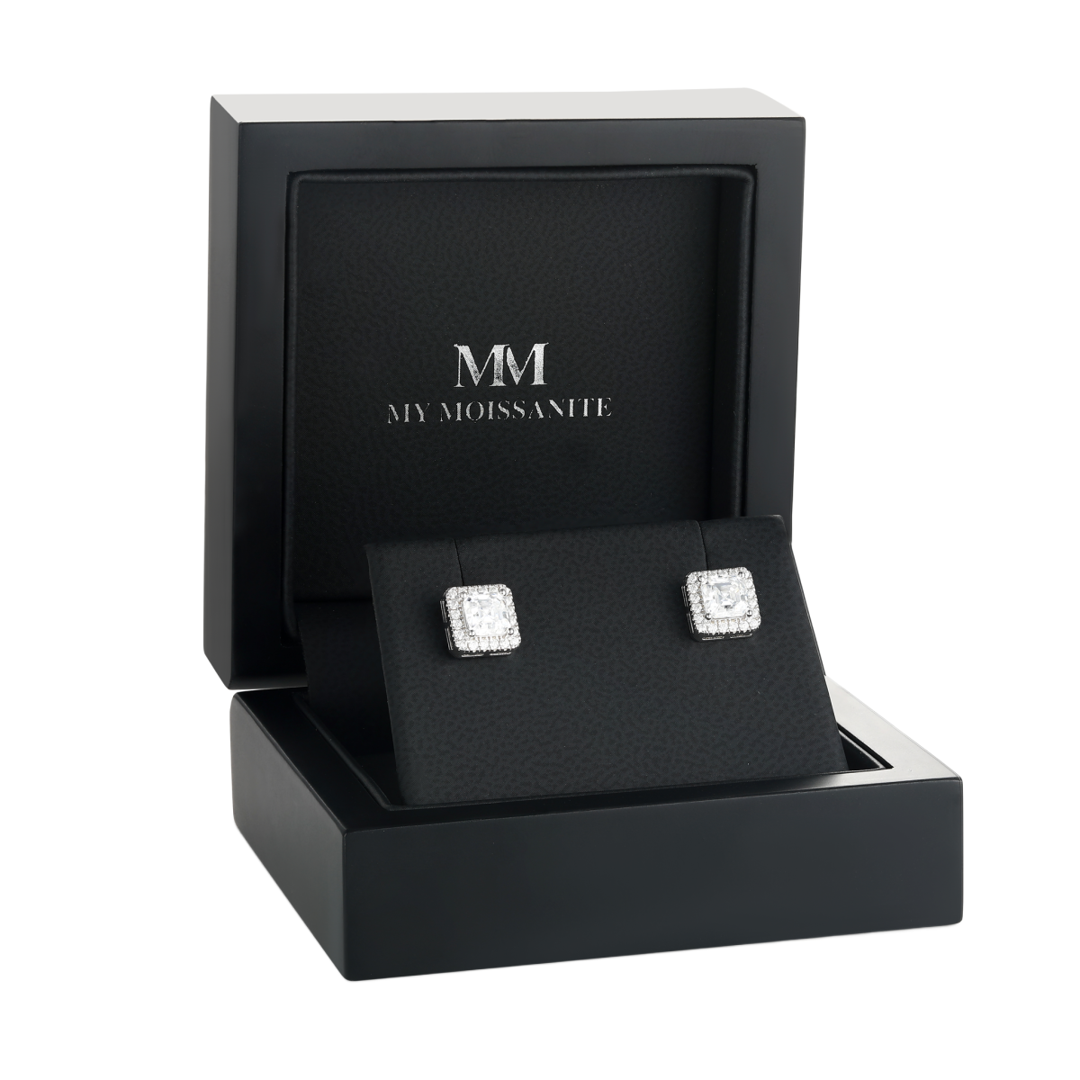 Tetrona - Asscher Moissanite Stud Earrings in Halo Setting