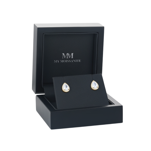 Halo Pears - Pear Moissanite Stud Earrings in Halo Setting