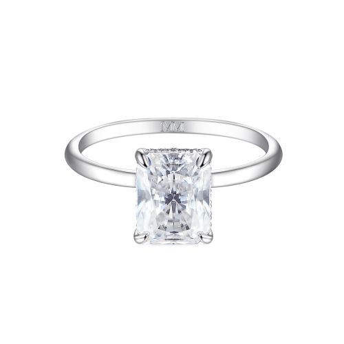 Mirabelle - Radiant Cut Moissanite Solitaire Ring with Basket Setting and Hidden Halo