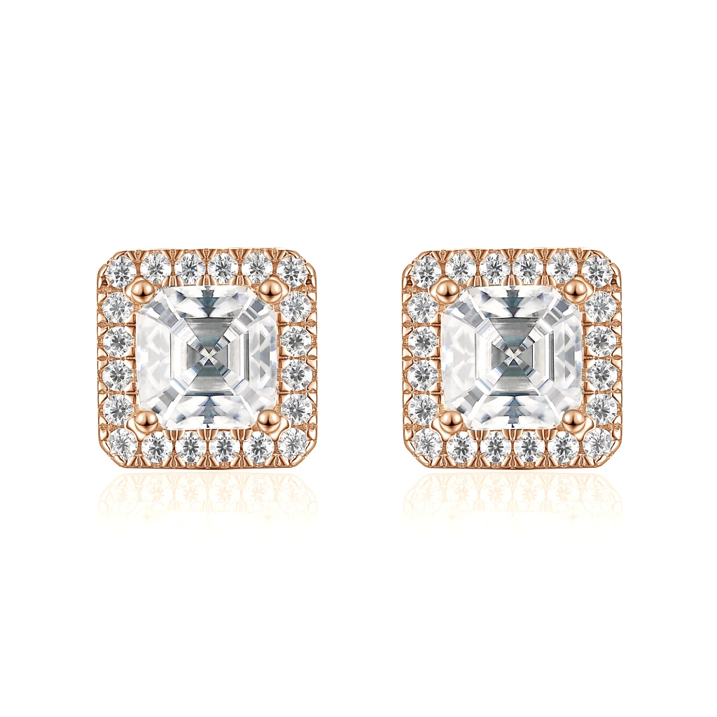 Tetrona - Asscher Moissanite Stud Earrings in Halo Setting