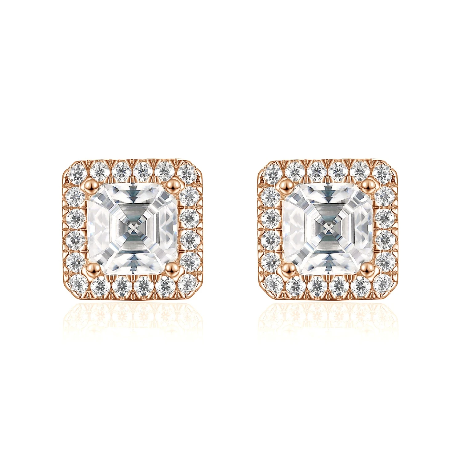 Tetrona - Asscher Moissanite Stud Earrings in Halo Setting
