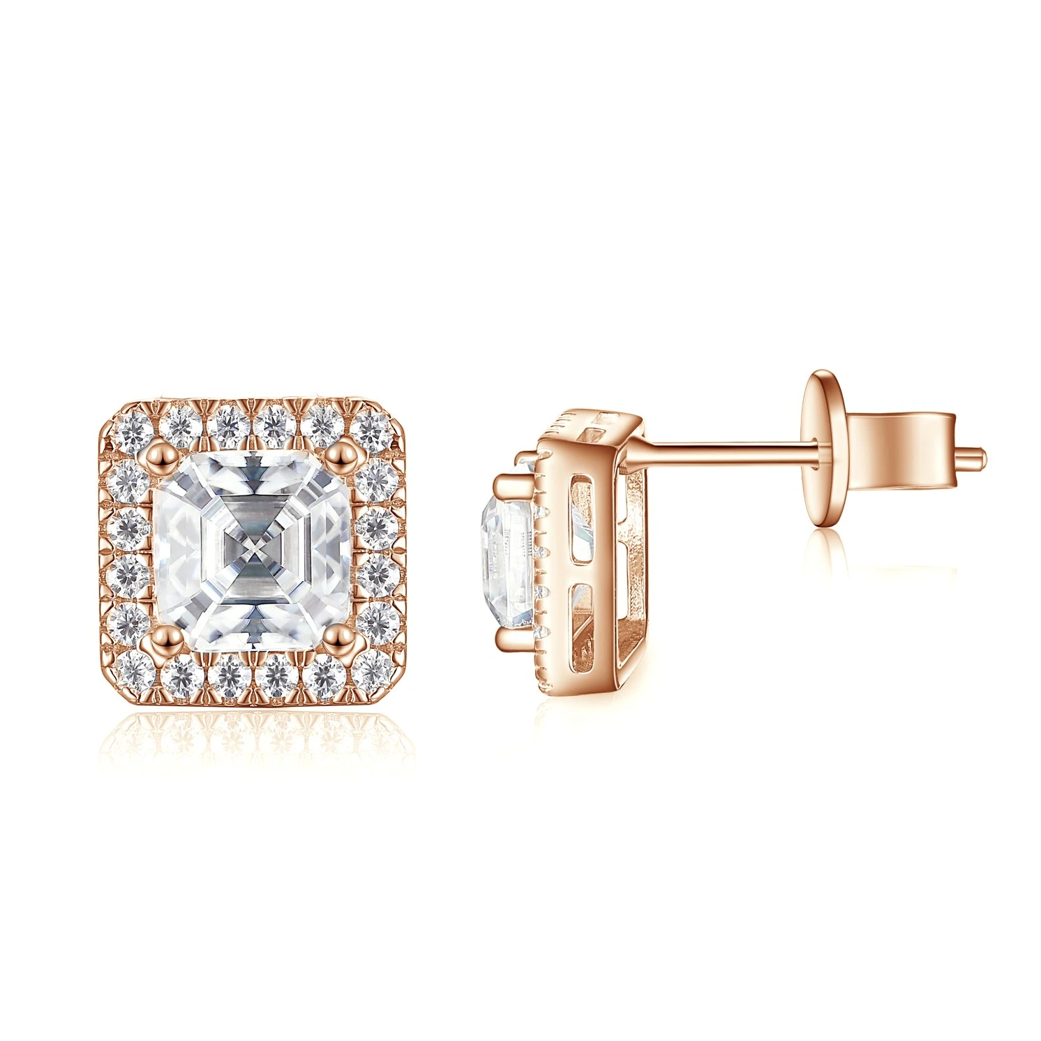 Tetrona - Asscher Moissanite Stud Earrings in Halo Setting