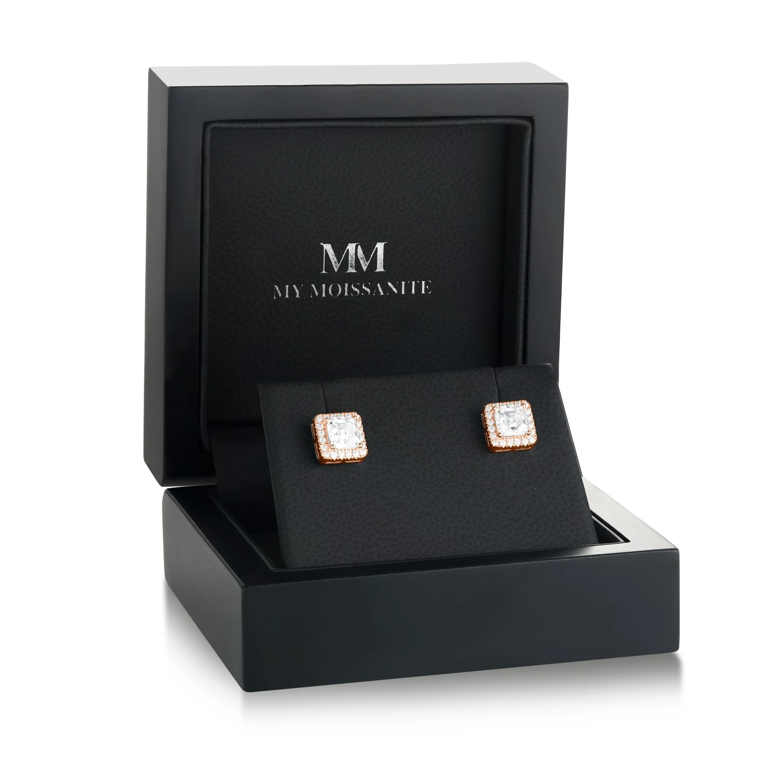 Tetrona - Asscher Moissanite Stud Earrings in Halo Setting