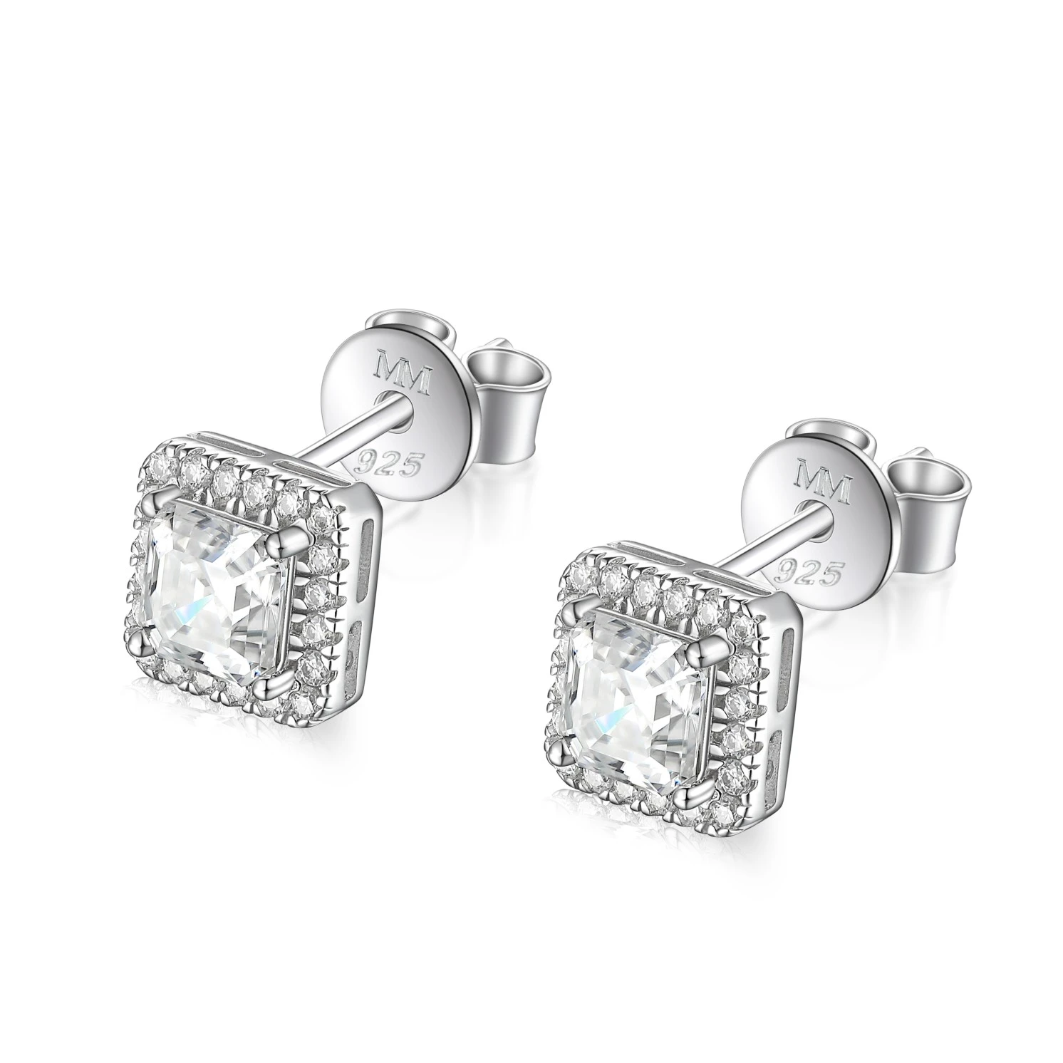 Tetrona - Asscher Moissanite Stud Earrings in Halo Setting