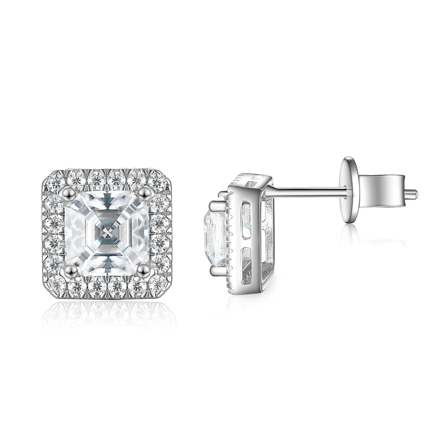 Tetrona - Asscher Moissanite Stud Earrings in Halo Setting