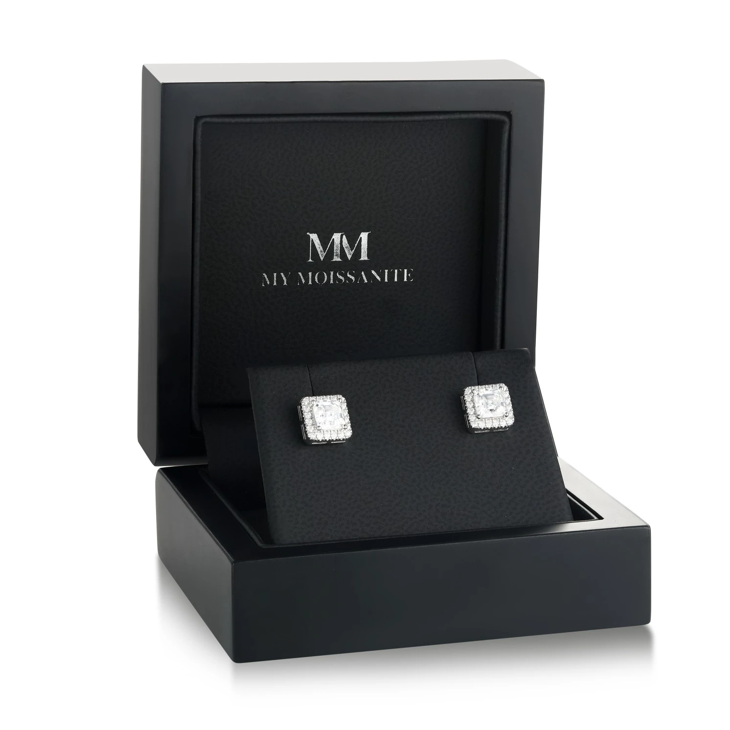 Tetrona - Asscher Moissanite Stud Earrings in Halo Setting