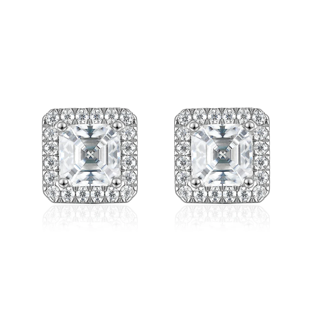 Tetrona - Asscher Moissanite Stud Earrings in Halo Setting