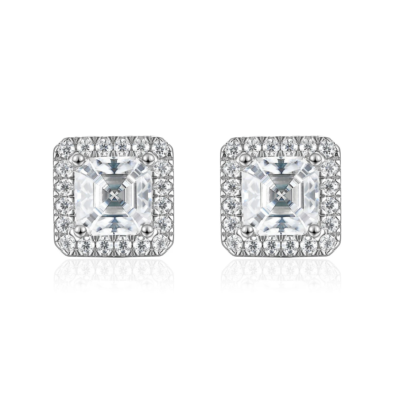 Tetrona - Asscher Moissanite Stud Earrings in Halo Setting