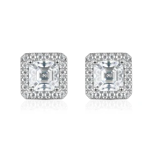 Tetrona - Asscher Moissanite Stud Earrings in Halo Setting