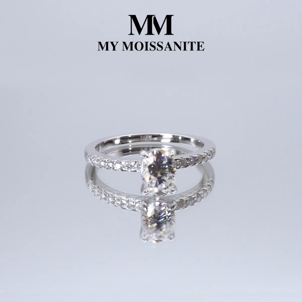 Nina Ring - Oval Moissanite Ring with Pavé Side Stones