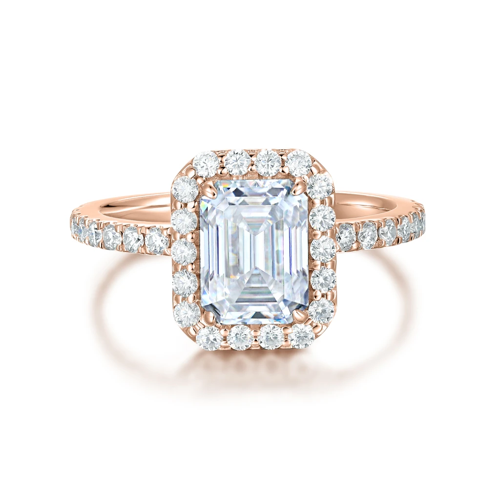 Esmeralda – Emerald Cut Moissanite Ring in Halo Setting