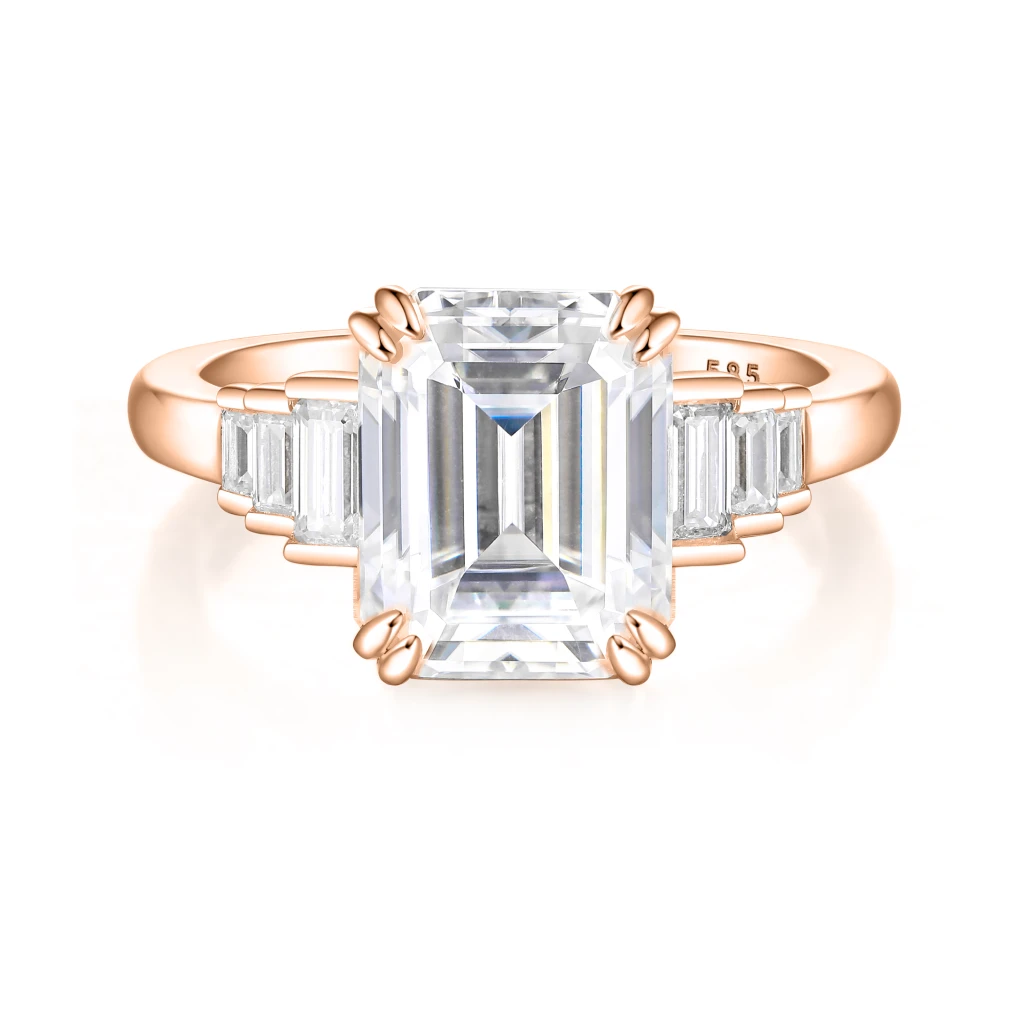 Rectanglo - Emerald Cut Moissanite Ring with Baguette Accents