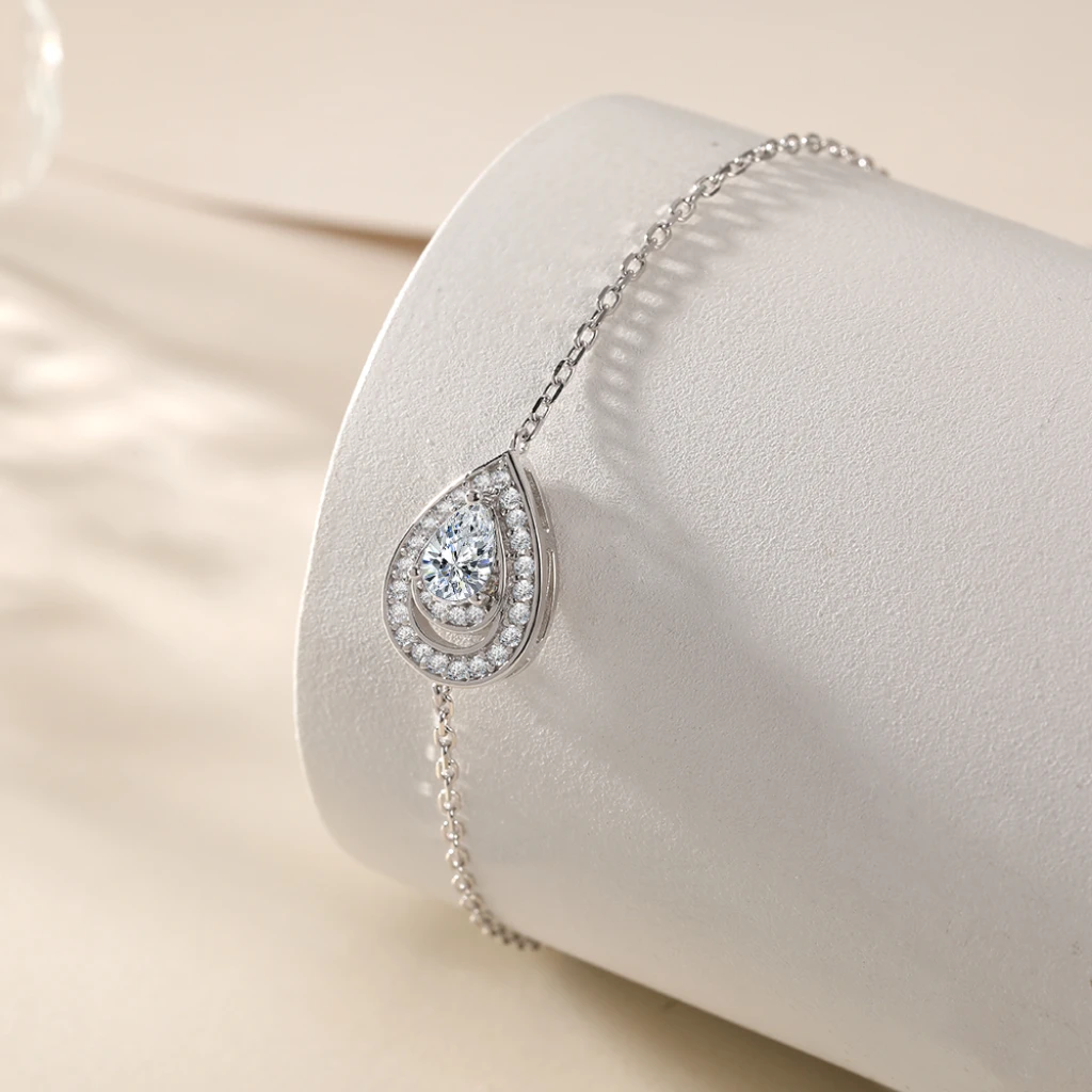 Peraise - Pear Cut Moissanite Bracelet With Halo Link Chain