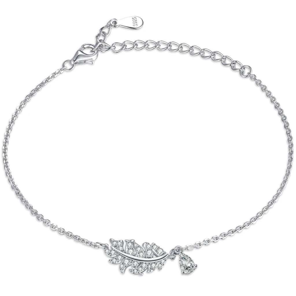 Foliana - Moissanite Leaf Charm Bracelet with Dangling Stone Detail