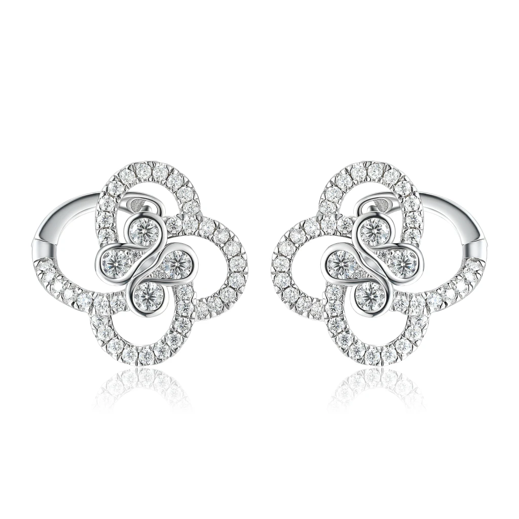 Vortexia - Floral Motif Moissanite Clover Earrings With Pave-Set Sparkle