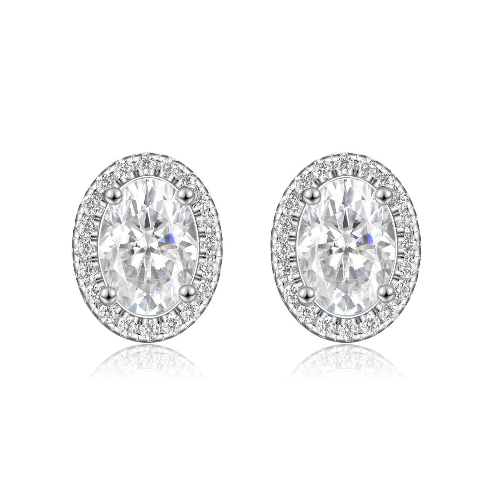Ellipse - Oval Moissanite Stud Earrings in Halo Setting