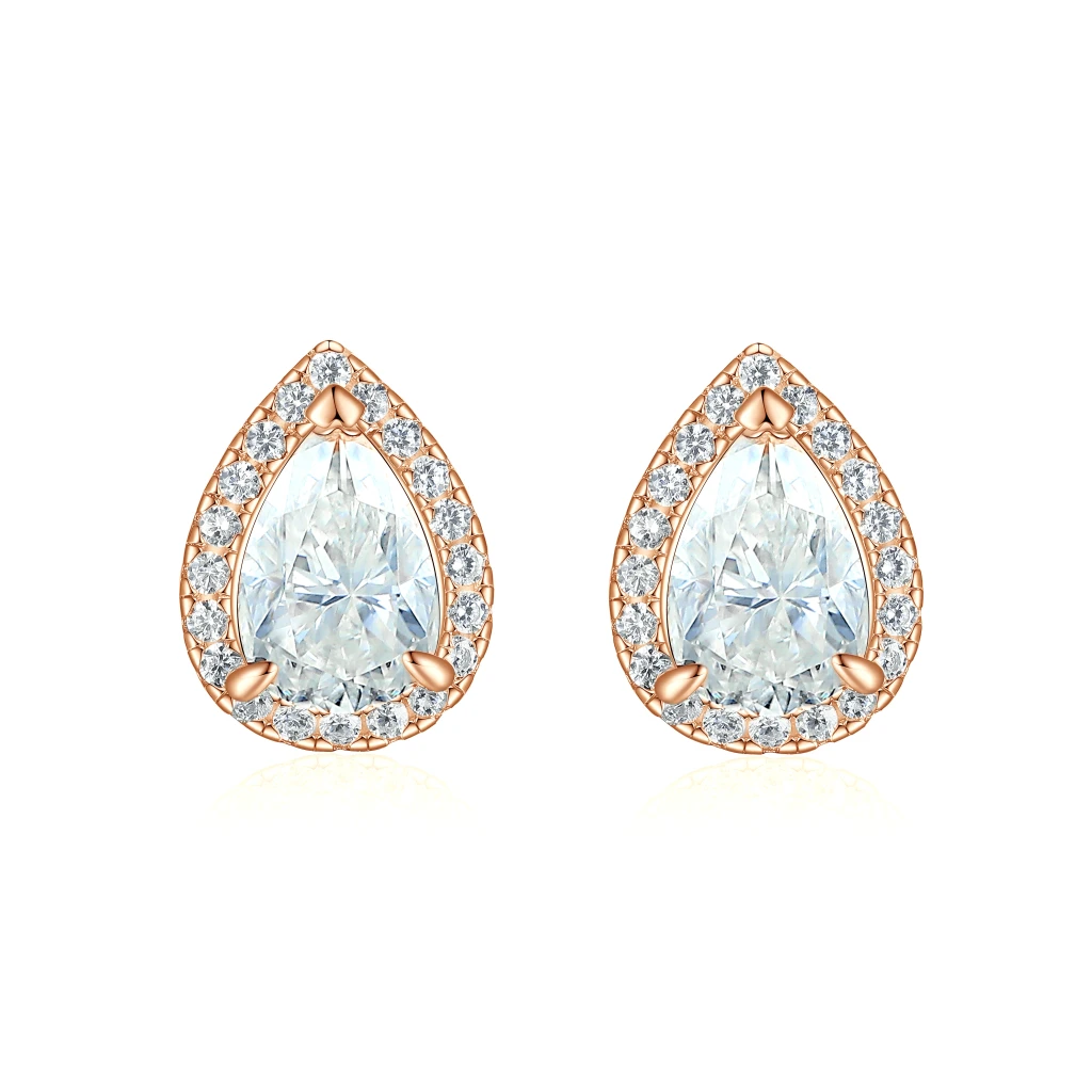 Halo Pears - Pear Moissanite Stud Earrings in Halo Setting